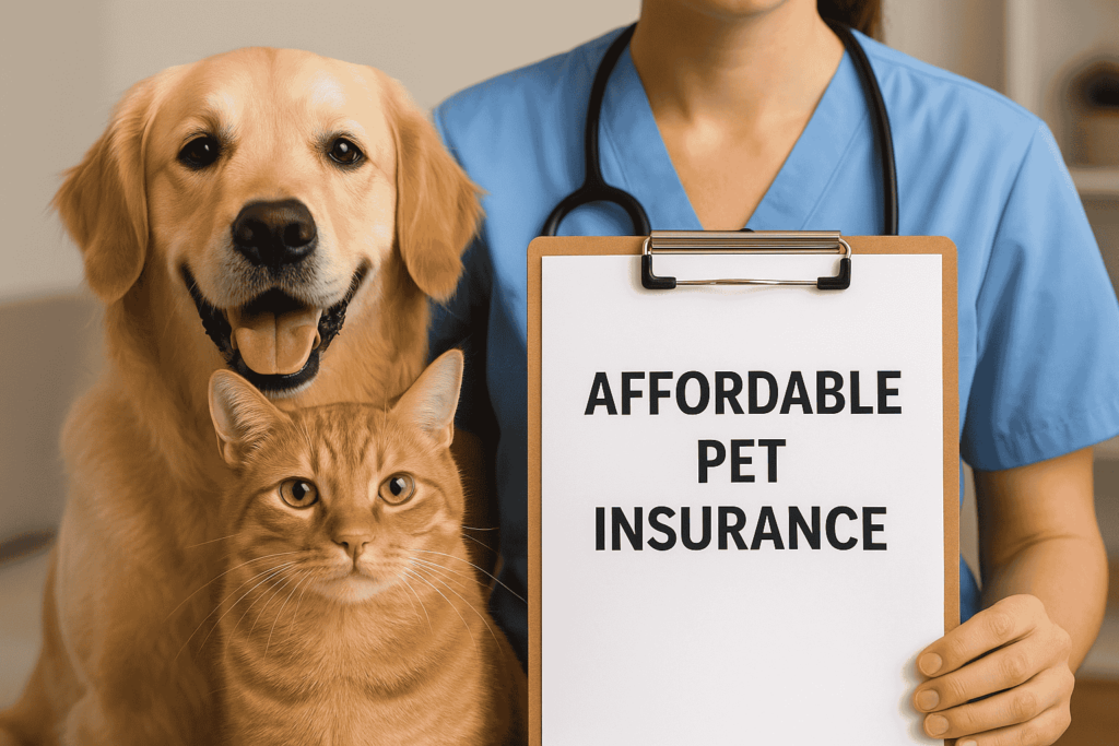 Affordable pet insurance plans for dogs and cats in 2025 – happy golden retriever and smiling cat beside clipboard with insurance details"