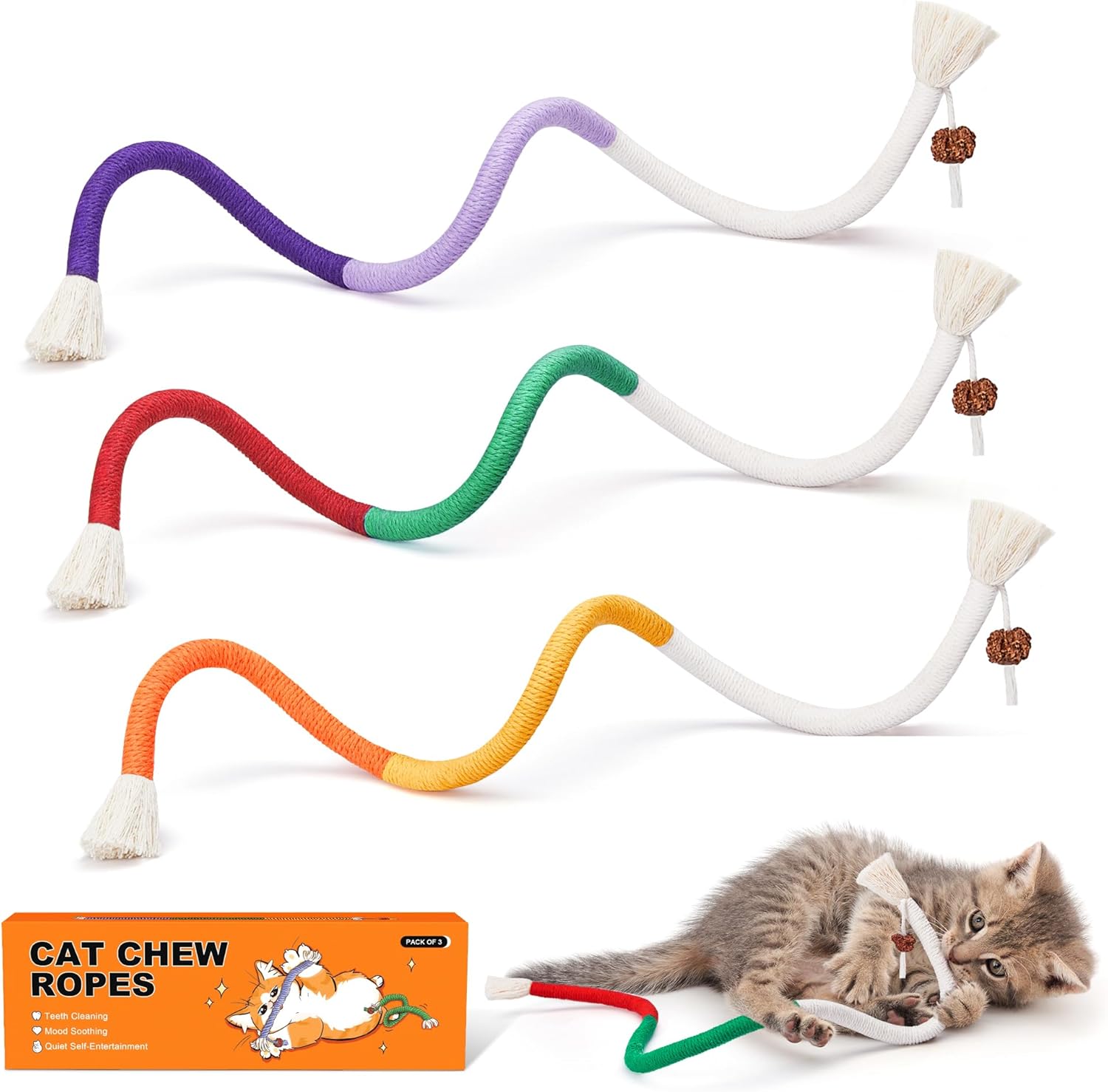 Potaroma Cat Toys Chew Ropes with Natural Catnip – 3 Pack for Teething, Teeth Cleaning, and Indoor Play