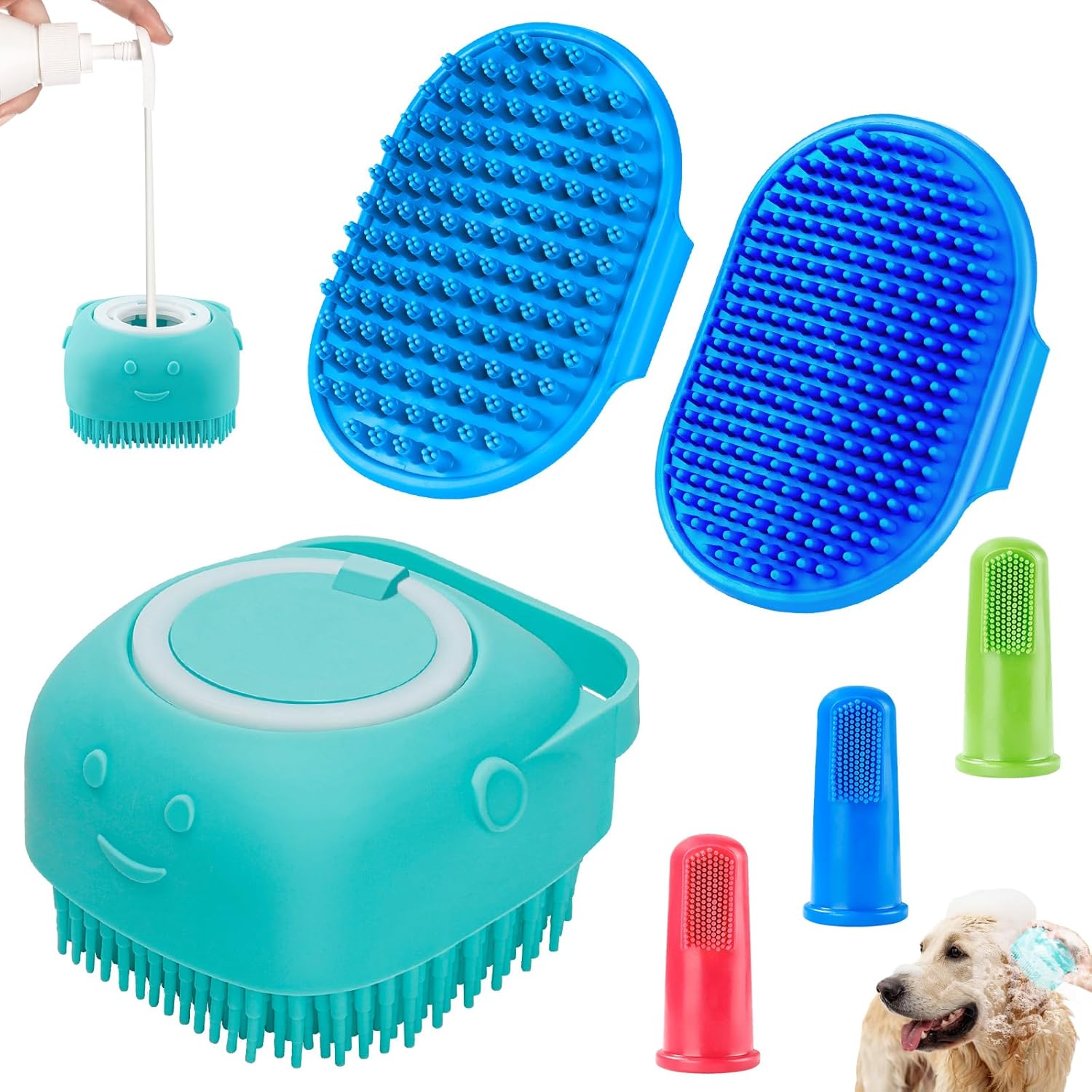 Comotech 3PCS Dog Bath Brush Scrubber with Adjustable Ring Handle - Blue Set