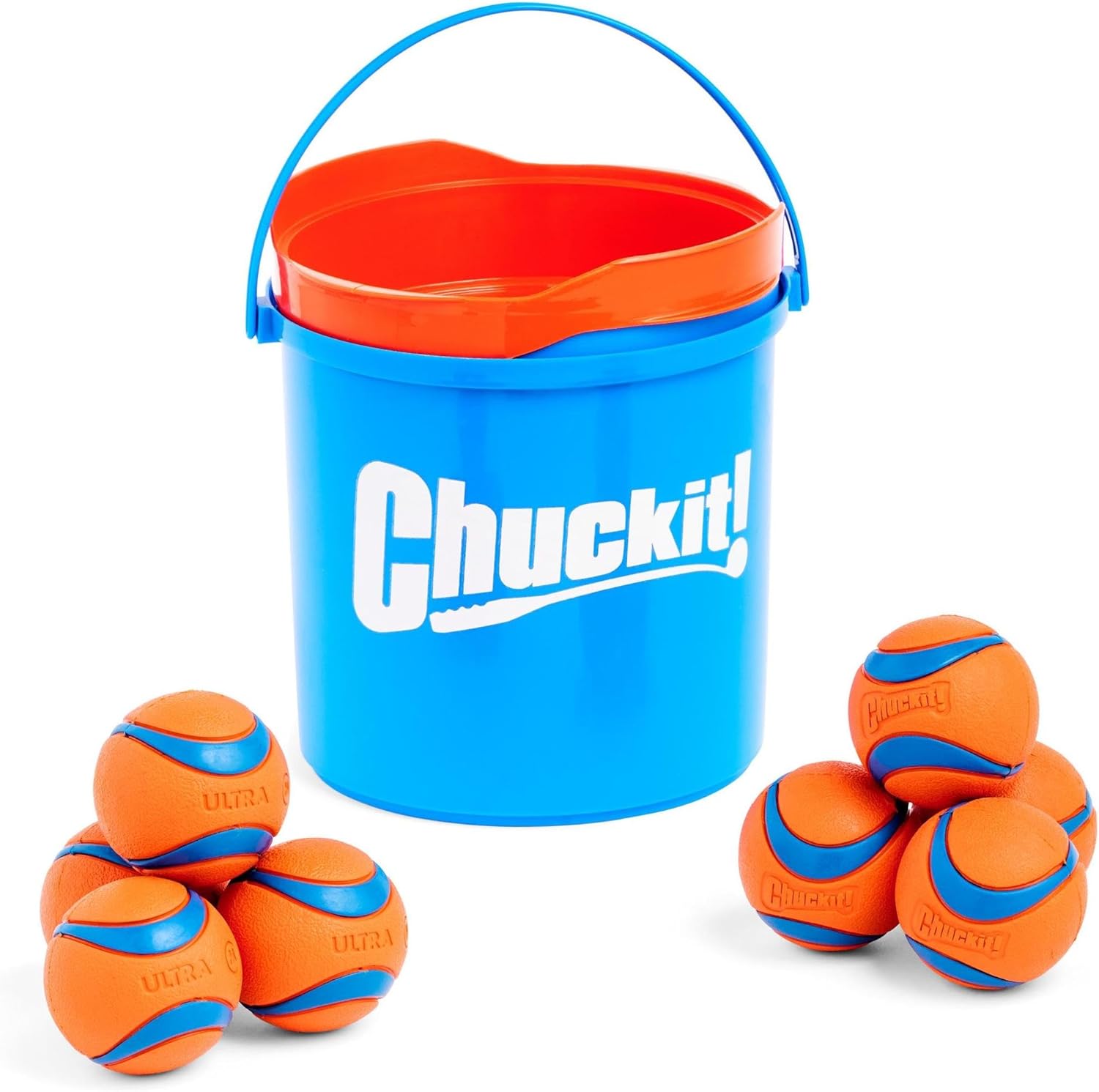 Chuckit! Ultra Ball Dog Toy with Chuckit! Cleaning Bucket Bundle – 8 Medium Rubber Balls for Dogs 20–60 lbs
