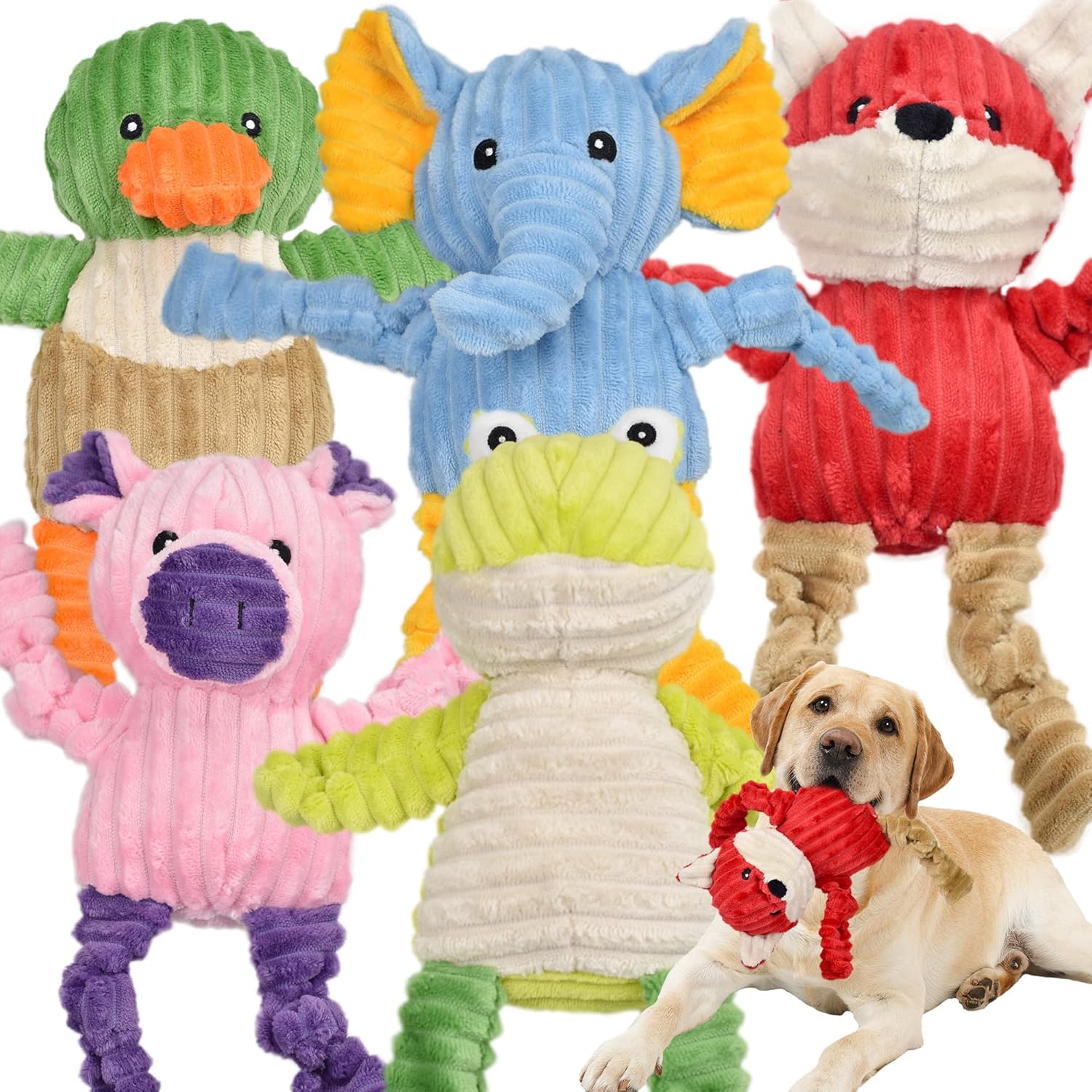 LECHONG 5 Pack Tough Dog Toys Squeaky Plush Animal Bundle