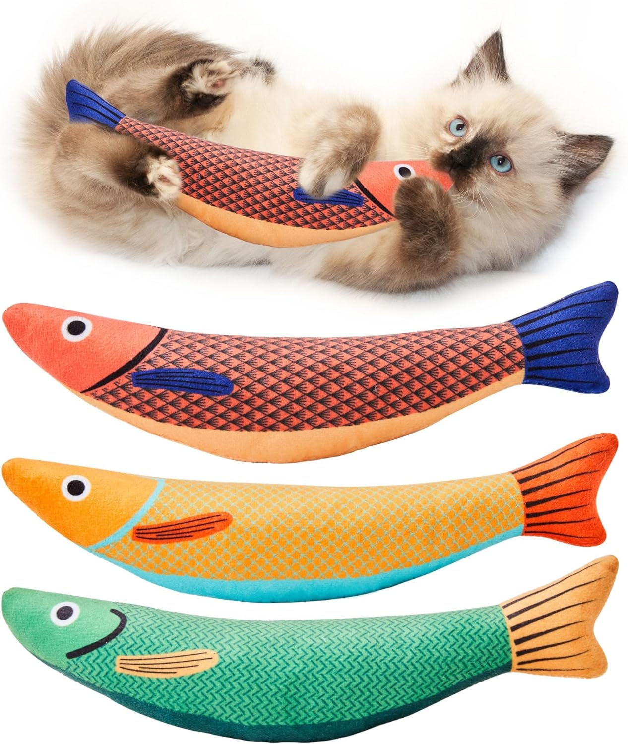 Potaroma Cat Toys Saury Fish 3-Pack – Catnip Kicker Crinkle Toys for Cats and Kittens, Soft Plush, 9.4 Inches