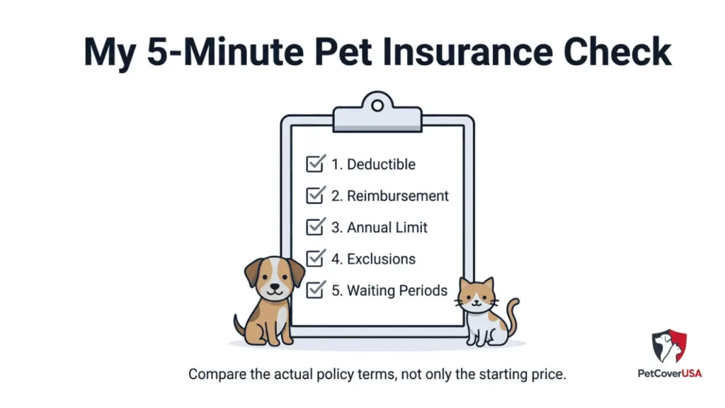 Affordable Pet Insurance Plans five-minute checklist for deductible, reimbursement, annual limit, exclusions, and waiting periods