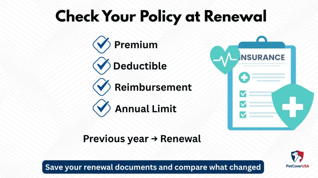 Affordable Pet Insurance Plans renewal checklist comparing premium, deductible, reimbursement, and annual limit