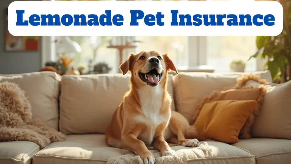 "Happy dog on sofa with Lemonade Pet Insurance branding in background – 2025 pet insurance review for dogs and cats lemonade pet insurance review 2025