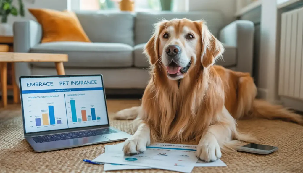 Happy dog with Embrace Pet Insurance 2026 documents and laptop showing coverage details
