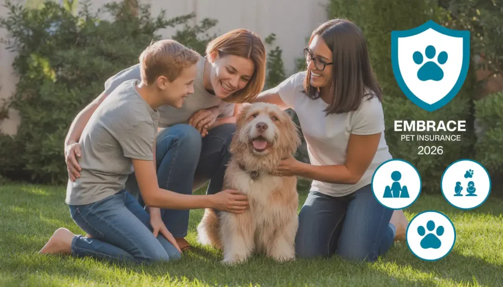 Happy family and dog protected with Embrace Pet Insurance 2026 coverage