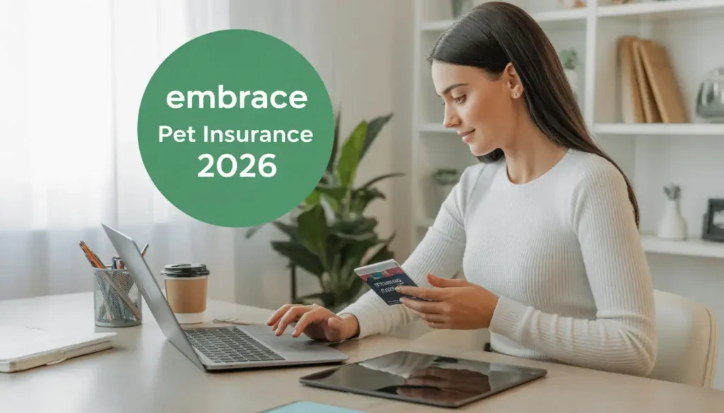 Pet owner reviewing Embrace Pet Insurance 2026 policy online at home