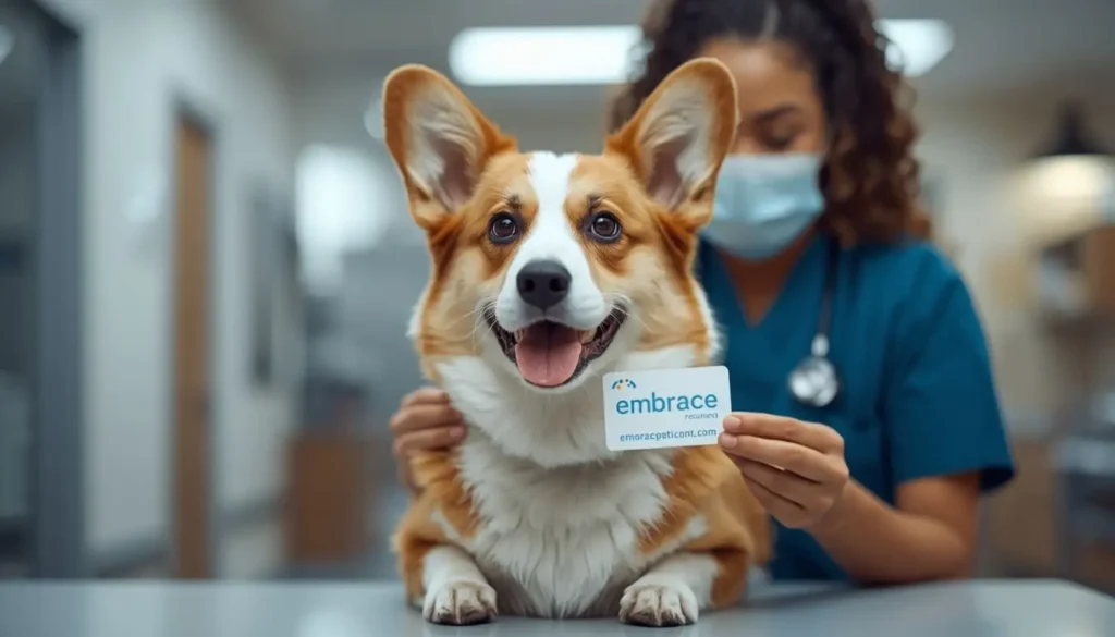Senior Corgi at vet with Embrace Pet Insurance 2026 card for coverage