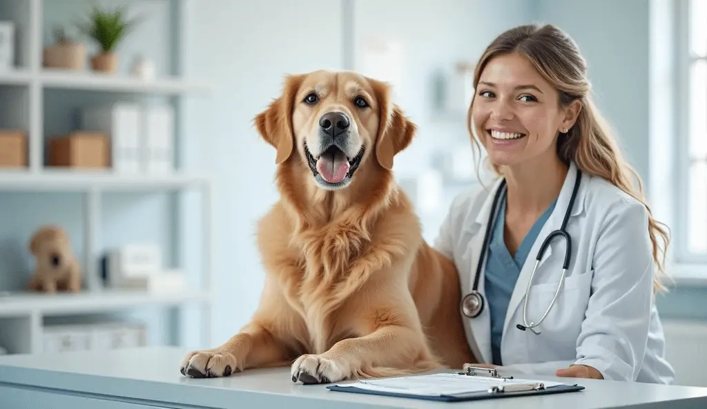 20250720_1121_image-min Pet insurance with no waiting period in USA for dogs and cats at a modern veterinary clinic.