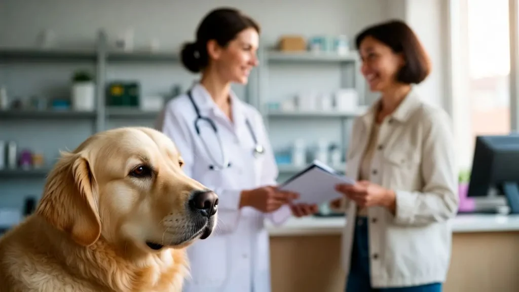 Veterinarian helping a pet owner with the best pet insurance for older dogs 2026 coverage"