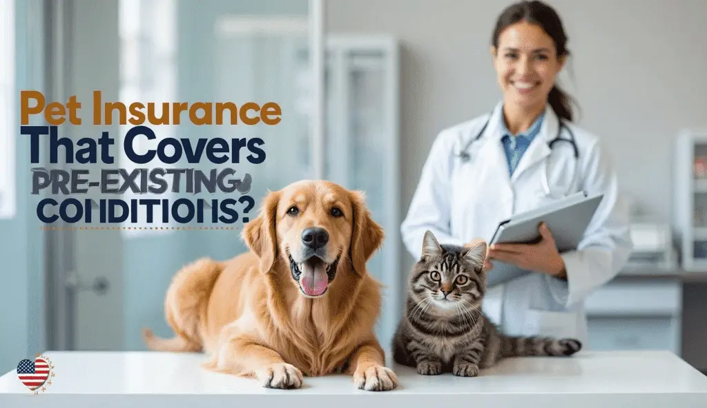 Golden retriever and tabby cat at a veterinary clinic with a smiling vet, representing what pet insurance covers pre existing conditions in the USA.