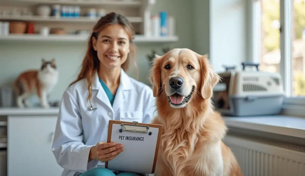 Happy Golden Retriever with a smiling veterinarian discussing pet insurance at a bright, modern veterinary clinic. nationwide pet insurance