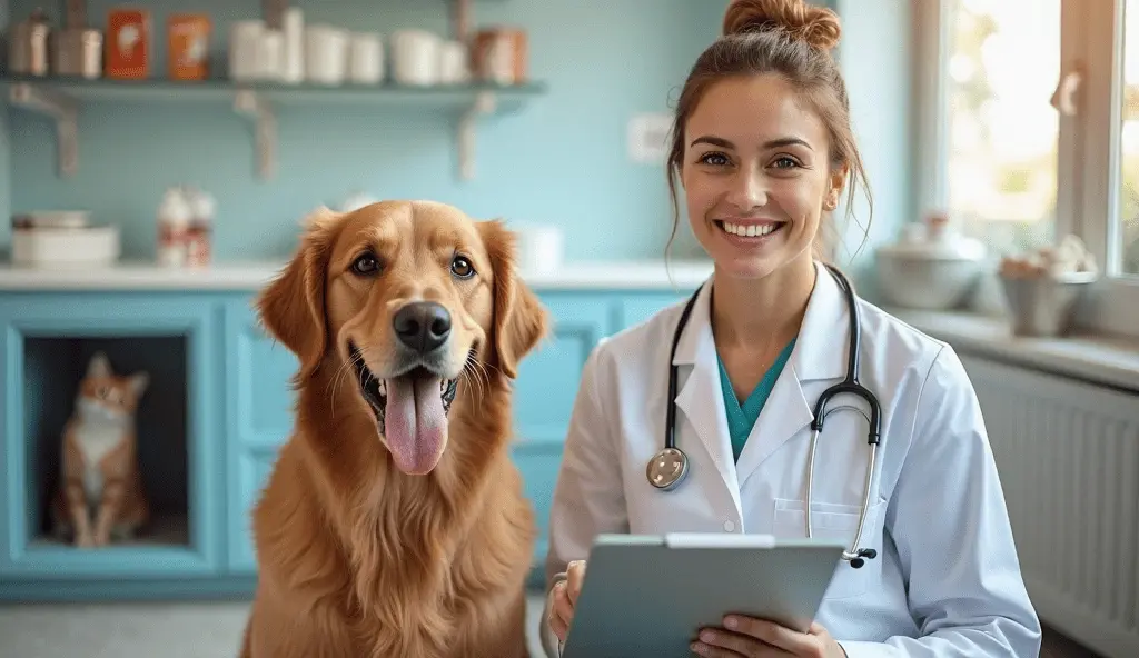 Cat and dog sitting together while a pet owner reviews Nationwide Pet Insurance plans on a laptop.