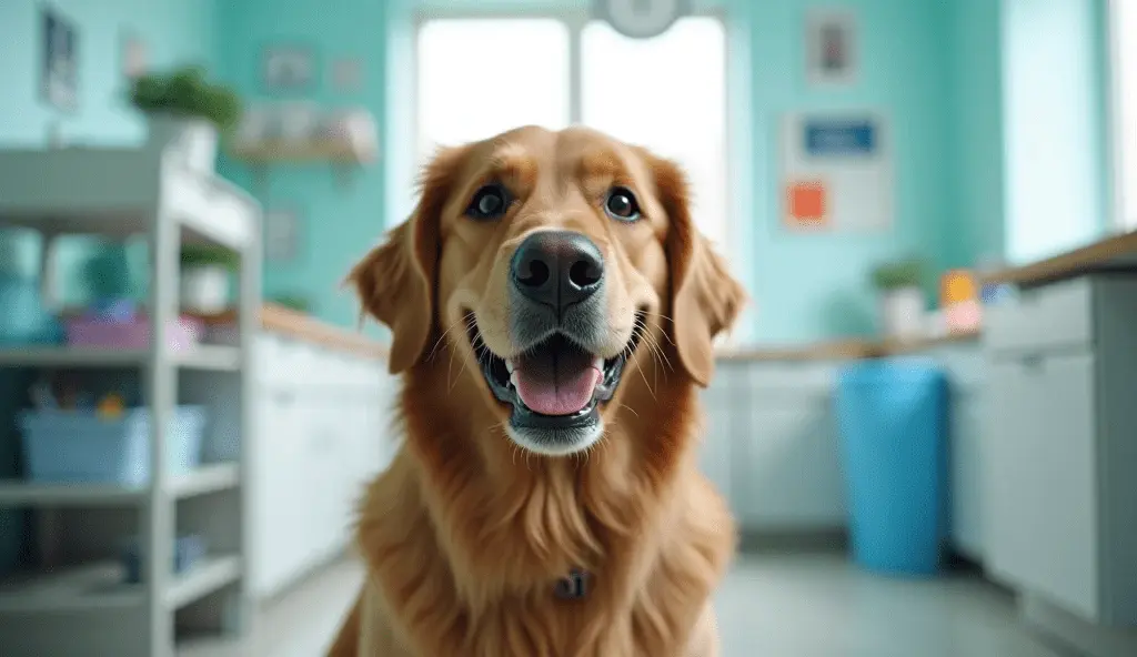 "Smiling Golden Retriever at veterinary clinic with friendly veterinarian, showcasing best pet insurance that covers dental for dogs in 2025"