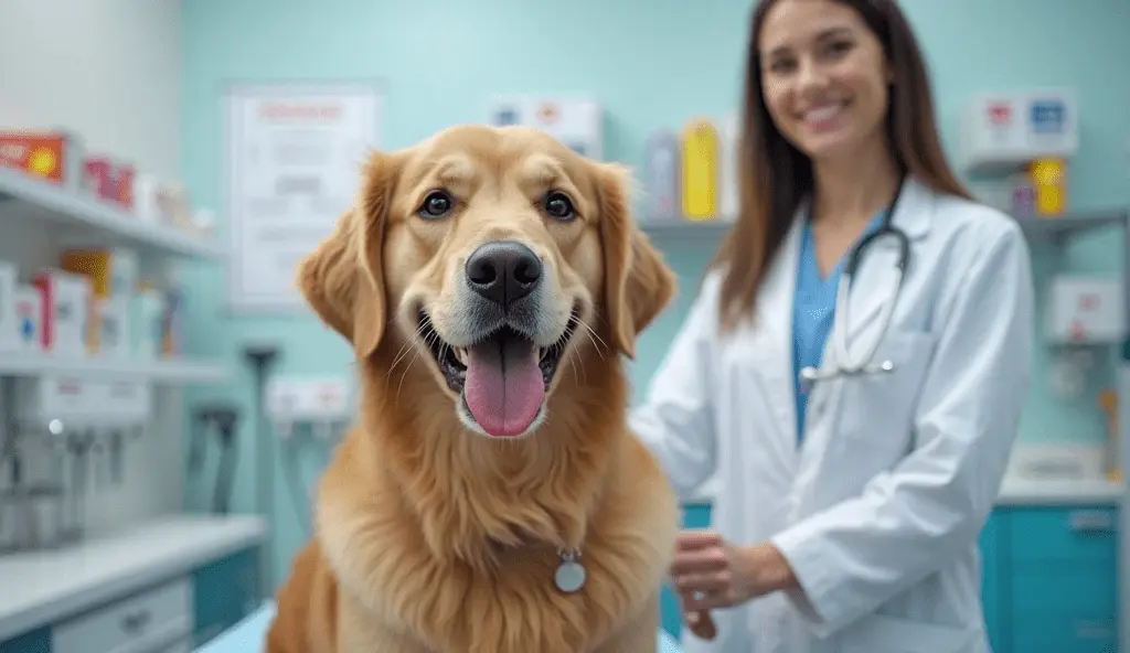 Happy Golden Retriever smiling at veterinary clinic with veterinarian, representing best pet insurance that covers dental for dogs in 2025