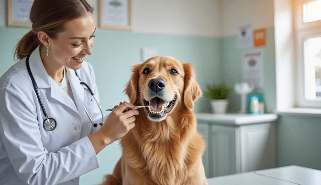 Golden Retriever smiling during dog dental plans checkup at veterinary clinic