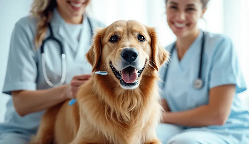 Golden Retriever smiling during dental checkup covered by pet dental insurance with no waiting period