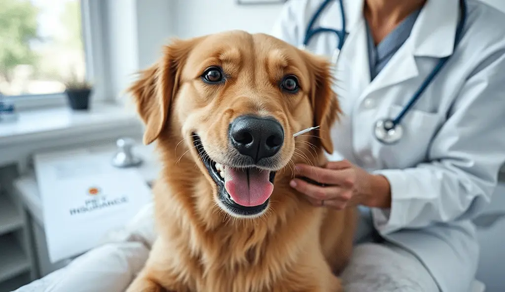 Vet checking a dog’s mouth during a dog dental wash procedure in a bright veterinary clinic.