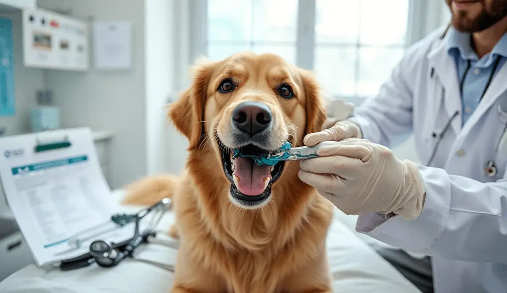 Veterinarian performing a dog dental wash with insurance paperwork on the table in a modern clinic.