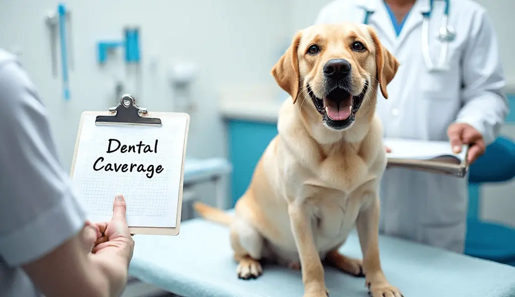 Happy Labrador after a dog dental wash showing clean white teeth, covered under pet insurance plan.