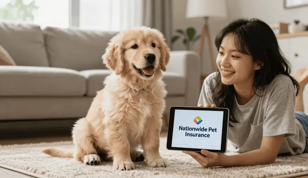 Happy golden retriever puppy with owner checking Nationwide Pet Insurance: Is It the Best Choice for Your Pet? on tablet.
