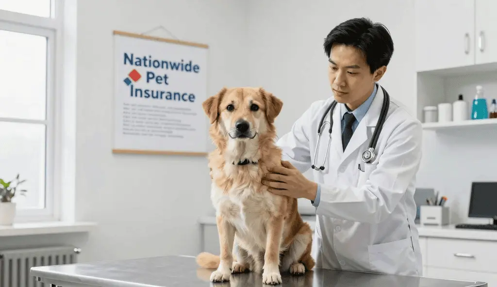 Veterinarian checking dog health with Nationwide Pet Insurance: Is It the Best Choice for Your Pet? chart in background.