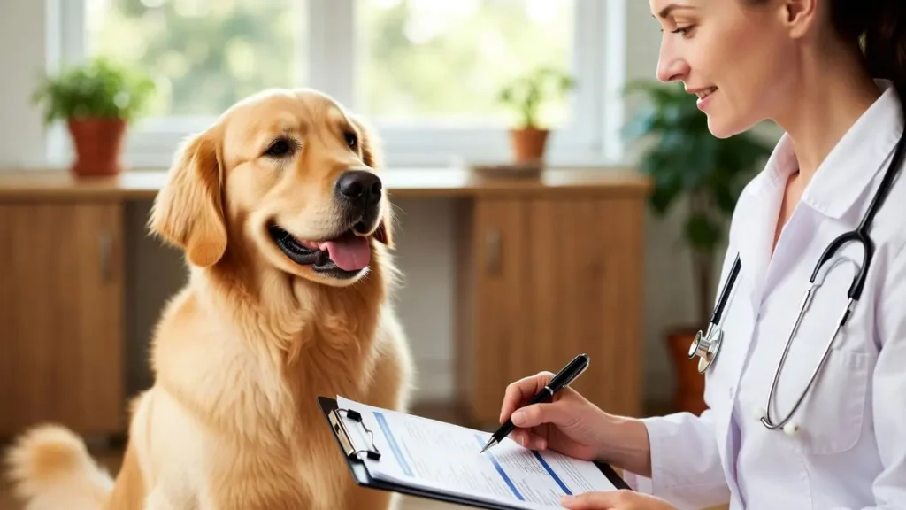 Golden retriever at vet with clipboard, illustrating Pet Insurance That Covers Everything.
