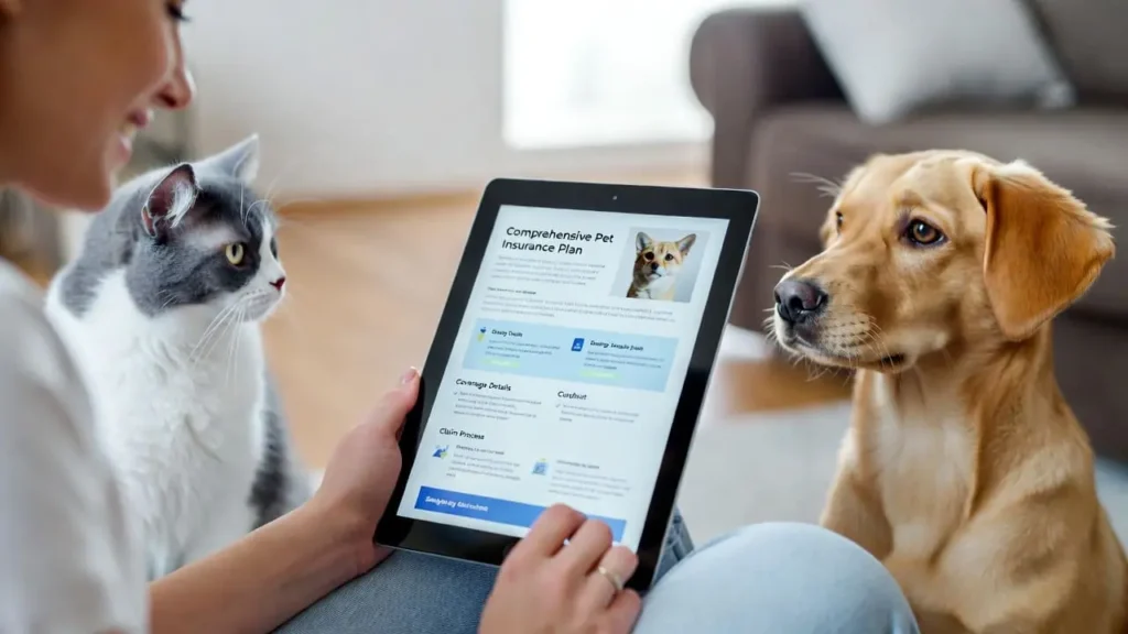 Pet owner reviewing policy at home with cat and dog, representing Pet Insurance That Covers Everything.