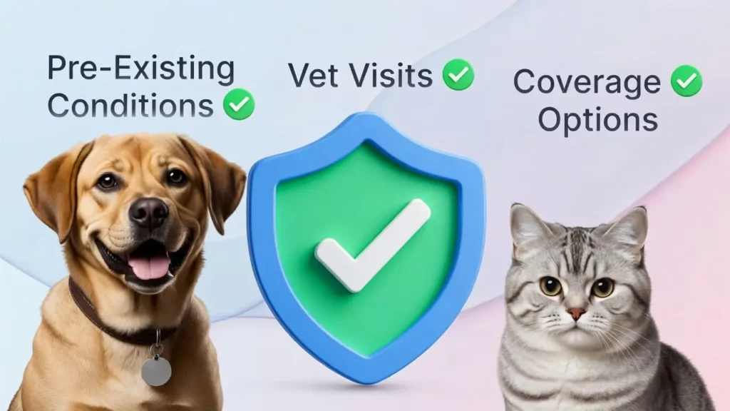 Illustration of a dog and cat protected by a shield labeled ‘Pet Insurance Coverage’ with text showing pre-existing conditions, vet visits, and coverage options.” What Pet Insurance Covers Pre Existing Conditions