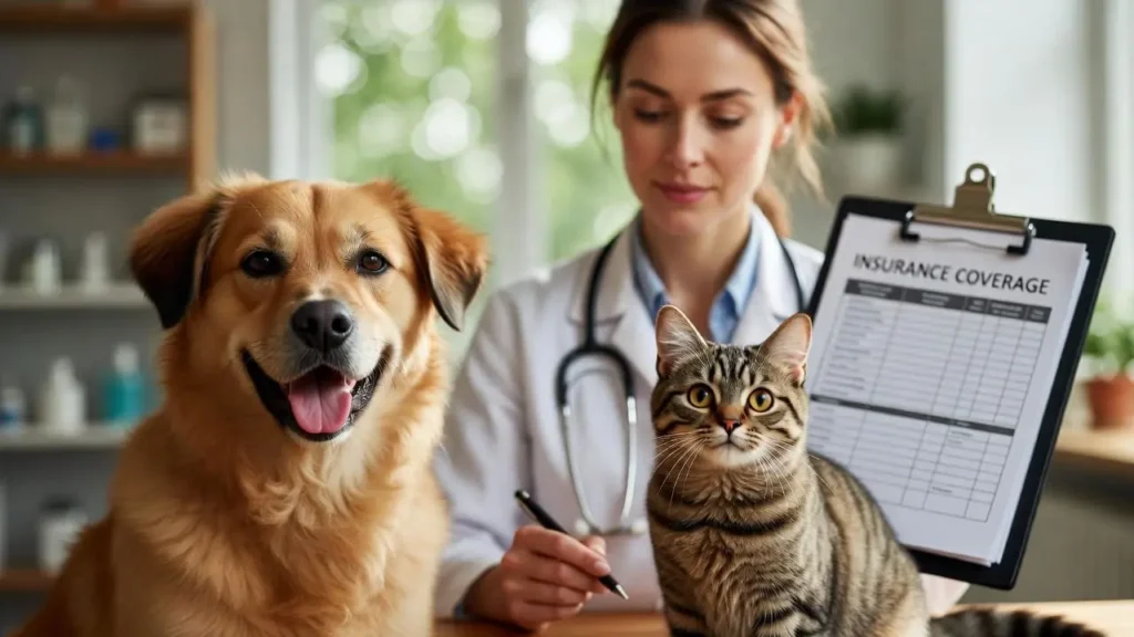 “Stack of veterinary bills with a dog and cat next to a shield labeled ‘Insurance Coverage’ symbolizing coverage for pre-existing conditions.” What Pet Insurance Covers Pre Existing Conditions