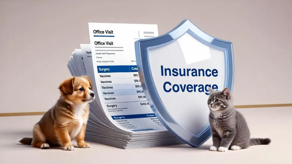 “Dog and cat on a veterinary table with a veterinarian showing an insurance coverage chart for pre-existing conditions.” What Pet Insurance Covers Pre Existing Conditions