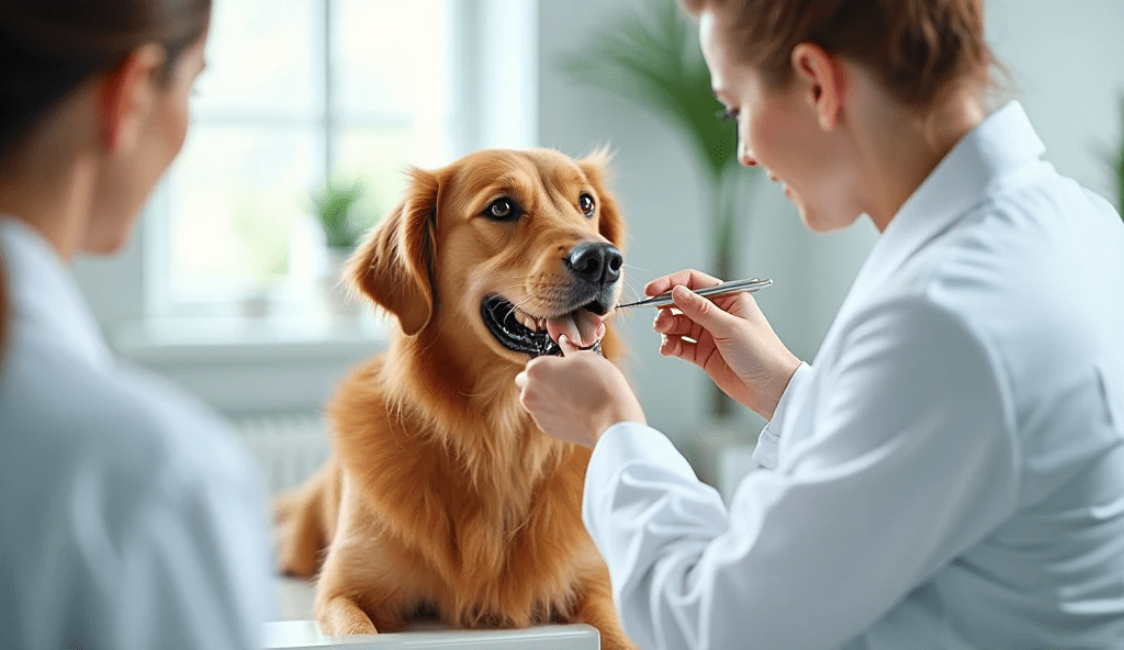 Dog at vet clinic during routine dog
dental cleaning checkup.