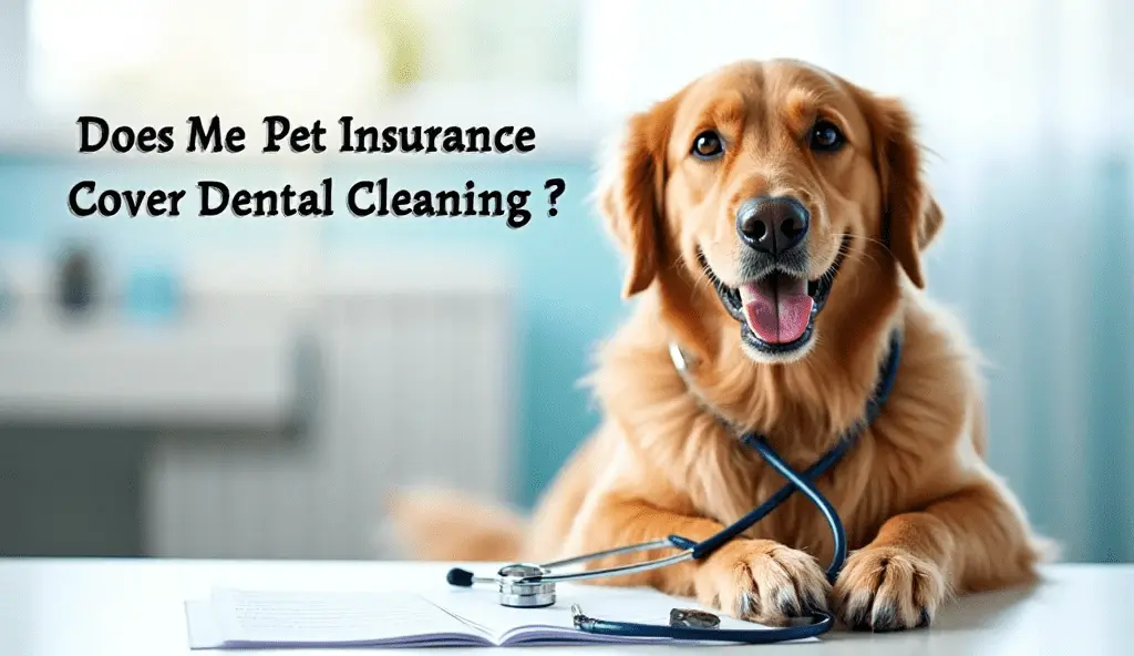 Golden Retriever with pet insurance documents showing dog dental cleaning coverage options.