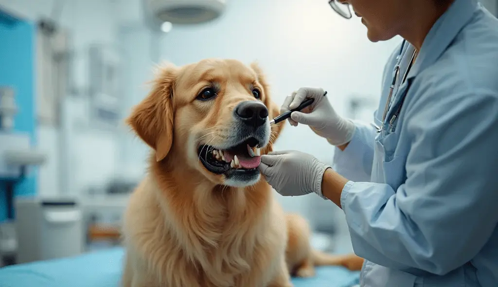 Senior golden retriever dental checkup at vet clinic – embrace pet insurance for older dogs with dental extraction coverage