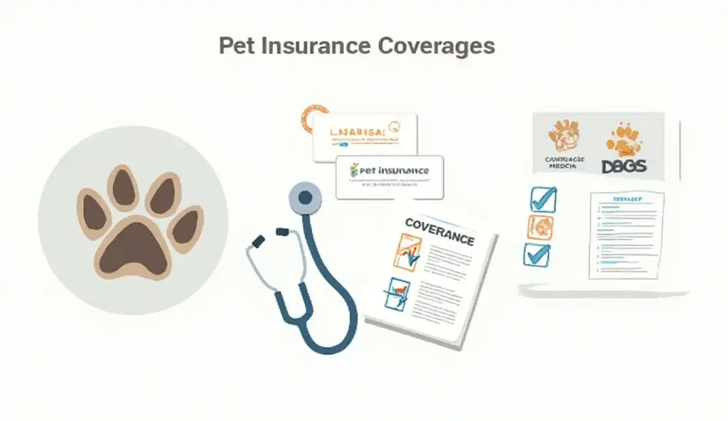 Pet insurance coverage illustration for senior dogs with medical checklist icons.