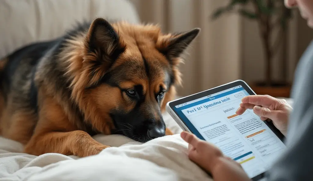 German shepherd over 10 years old with owner filing pet insurance claim online.