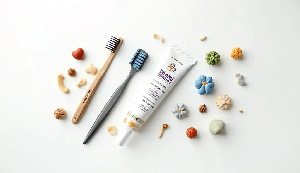 Dog toothbrush, toothpaste, and dental chews recommended by vets for healthy teeth.