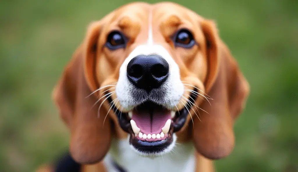 Happy dog showing clean teeth and fresh smile after regular dental cleaning.