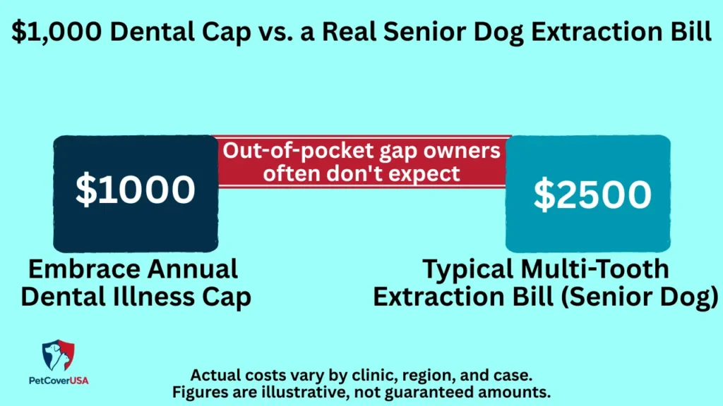 Comparison chart showing Embrace pet insurance $1,000 annual dental cap against a $2,500 senior dog tooth extraction bill