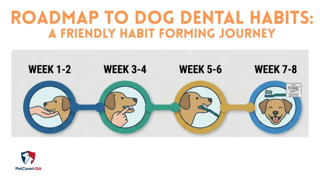 Dog Dental Cleaning Tips at Home infographic: 8-week timeline to train a dog for tooth brushing