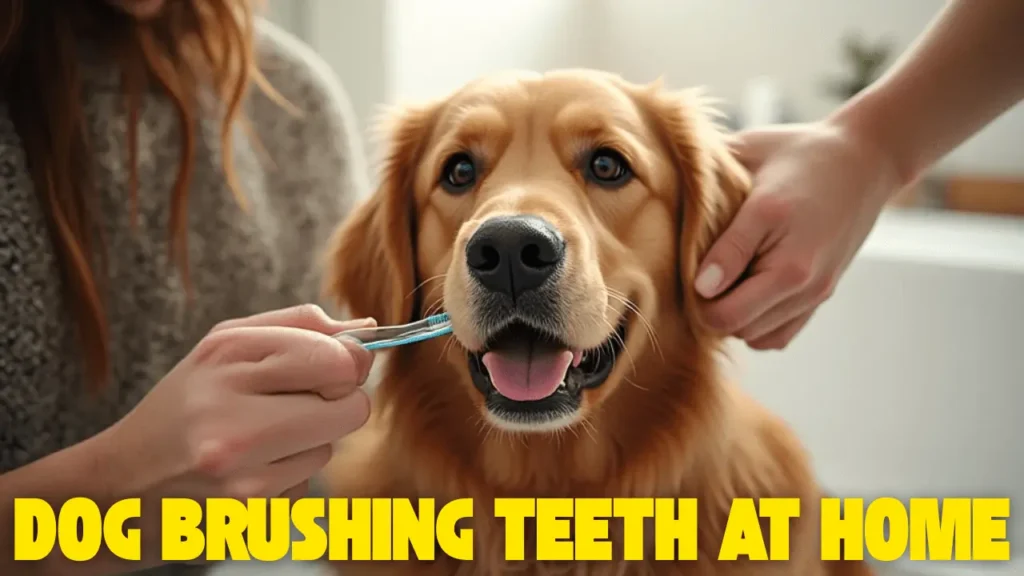 Owner gently brushing a golden retriever’s teeth with a pet toothbrush — practical dog dental care tips for healthy teeth at home.
