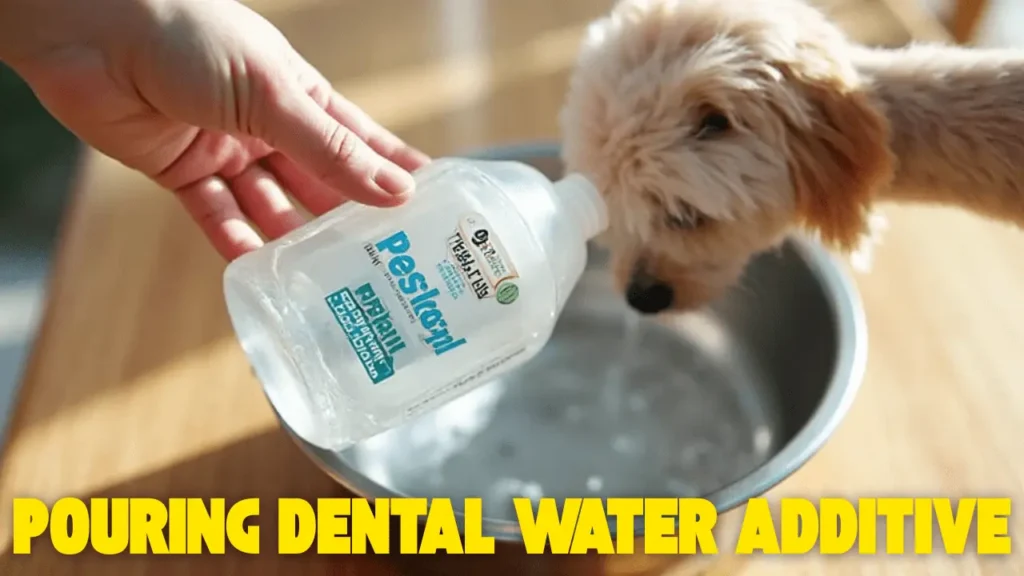 Hand pouring dog dental water additive into a clean bowl — simple dog dental care tips to freshen breath and prevent bacteria buildup.