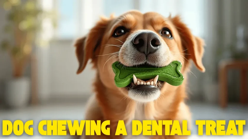: Happy dog chewing a VOHC-approved dental chew — expert-recommended dog dental care tips for reducing plaque and tartar naturally.