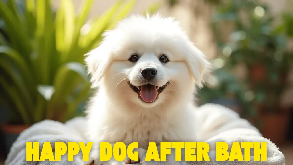 Clean fluffy white dog wrapped in a towel after a natural shampoo bath — fresh and healthy coat care. natural dog shampoo