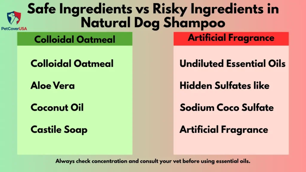 Natural dog shampoo for sensitive skin — safe ingredients vs risky ingredients infographic
