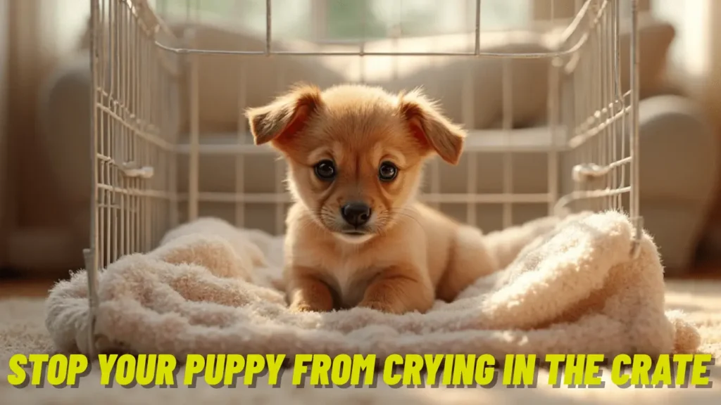 “Stop Your Puppy from Crying in the Crate: brown puppy resting comfortably in a cozy crate with blankets and toy”