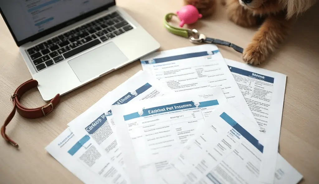 “Pet insurance claim process for emergency vet visits – documents and laptop  “Pet insurance covering emergency vet visits