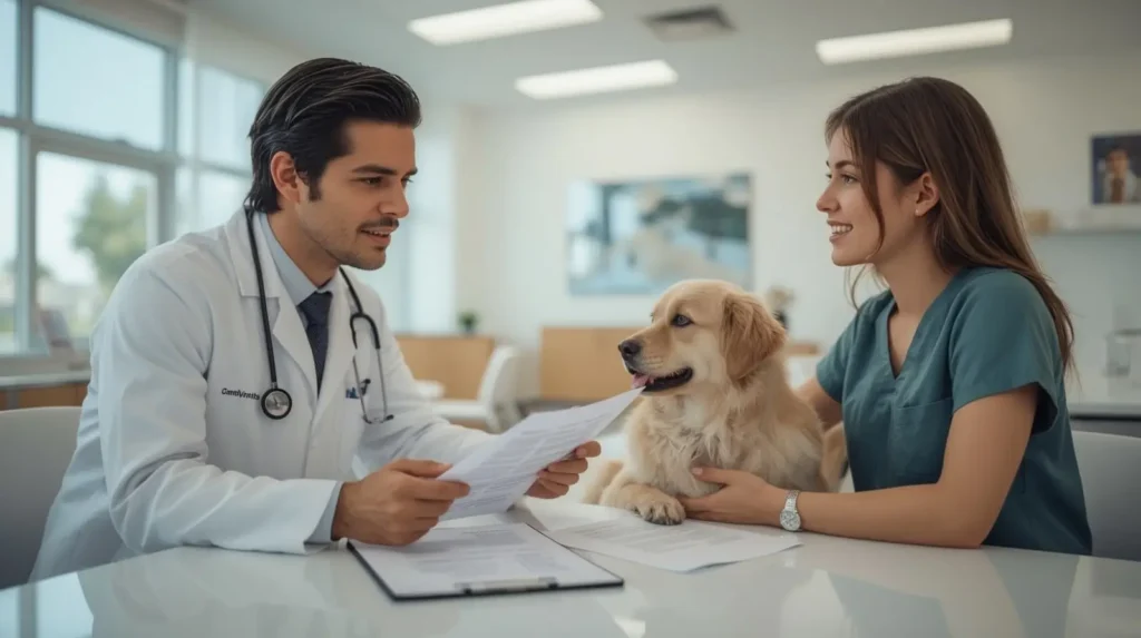 “vet explaining different plans of pet insurance for first time dog owners”