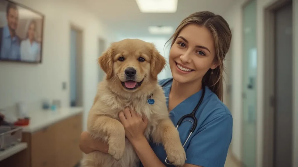 first time dog owner at vet clinic getting help about pet insurance for first time dog owners”